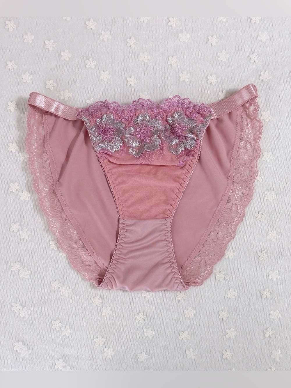 US-M/JP-3L Japanese VTG Pink Silver Floral Embroidery Sexy Strap Panties Bikini